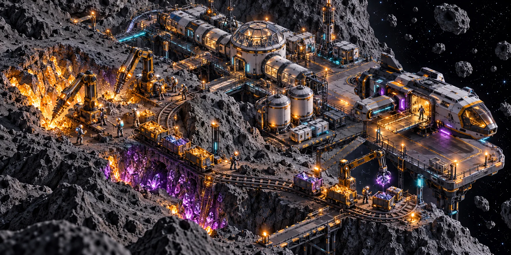 Isometric miners working an asteroid with robots and a docked ship