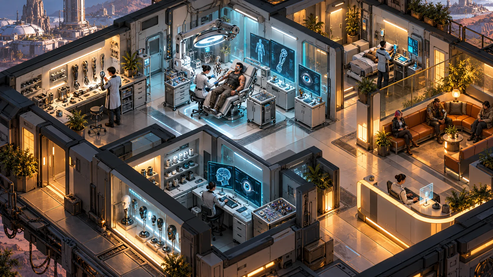 Isometric cybernetics clinic with a patient and medical staff