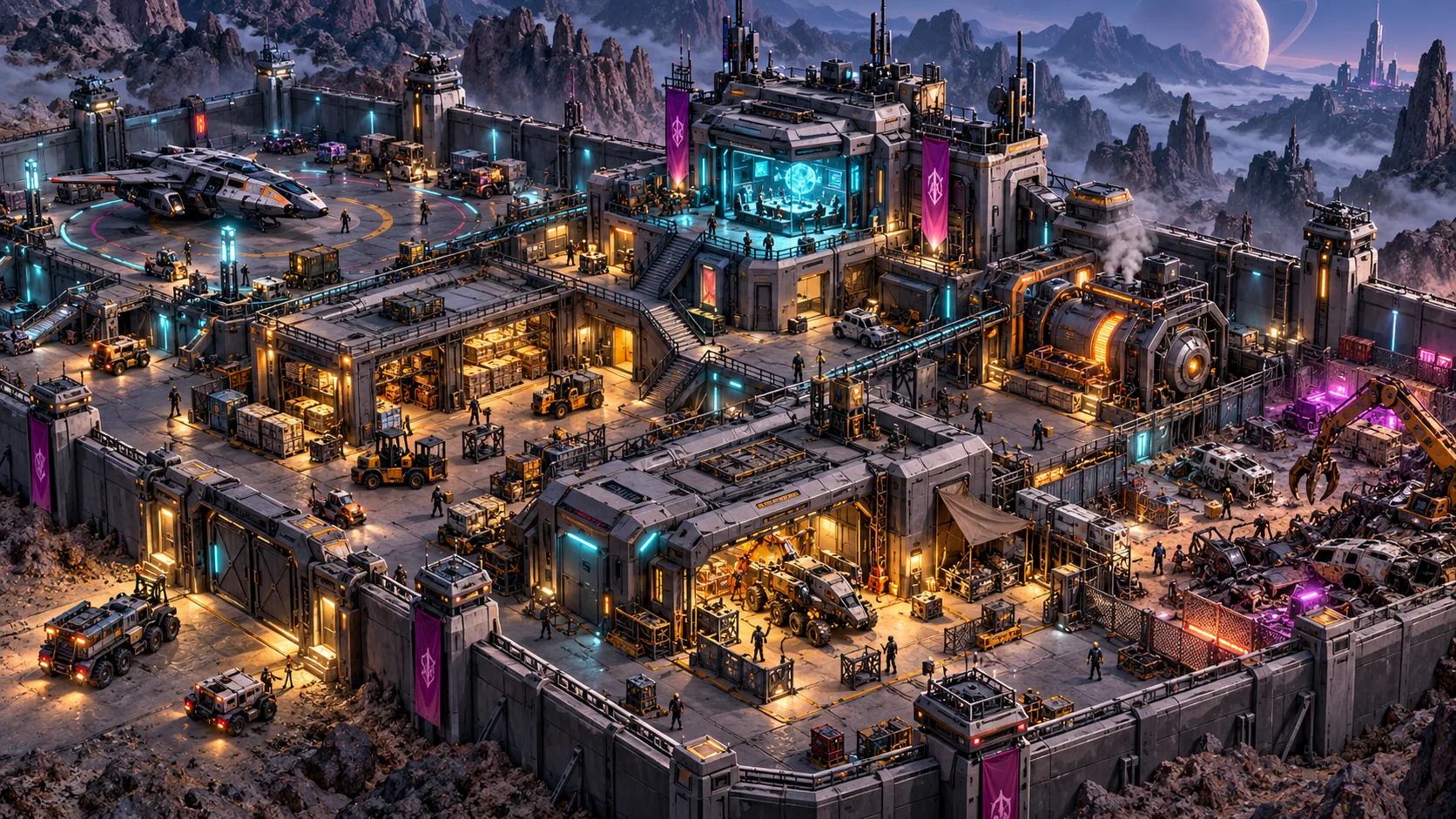 Isometric modular guild headquarters with workshops and members