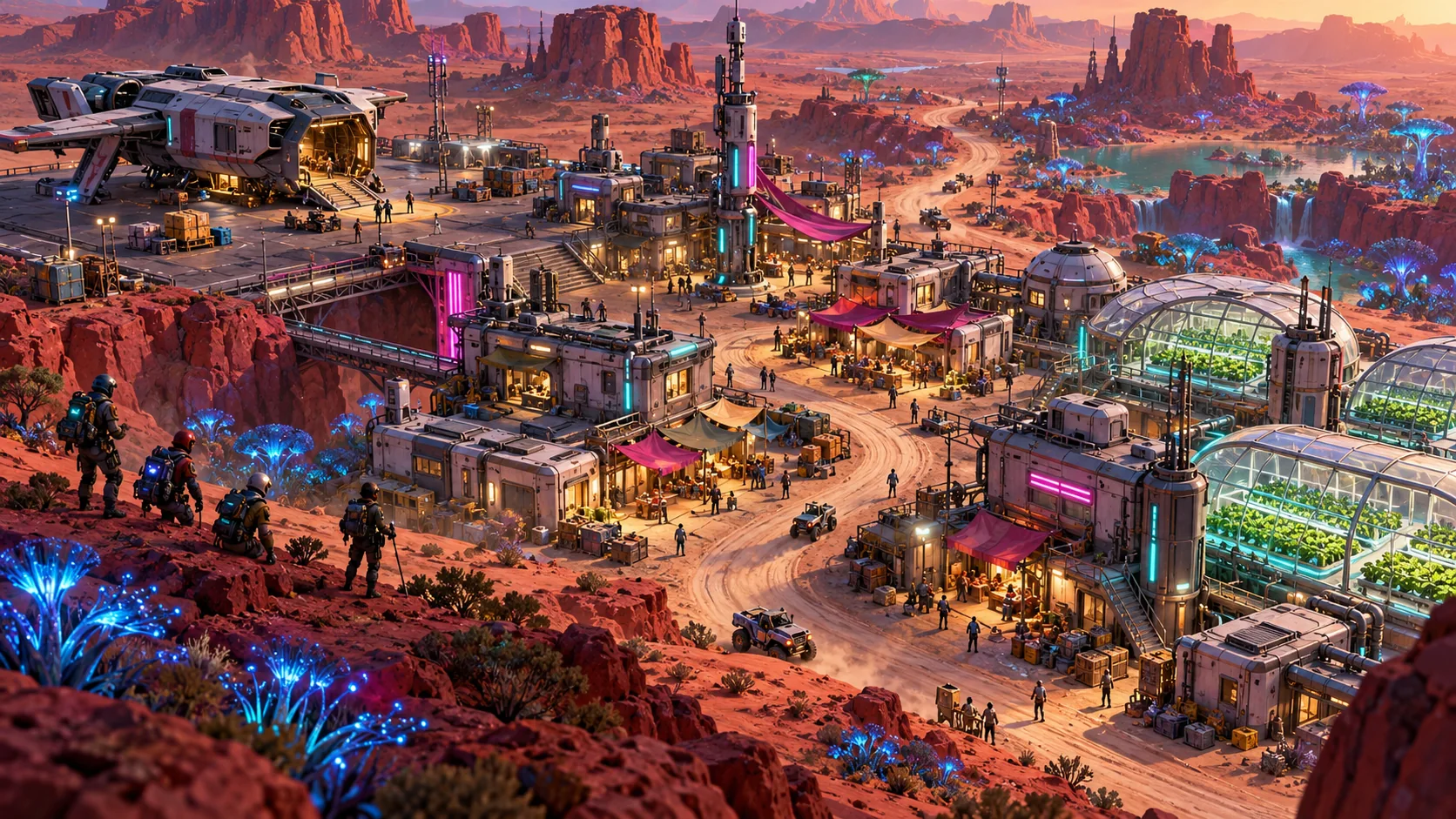 Isometric explorers near a settlement on an alien planet