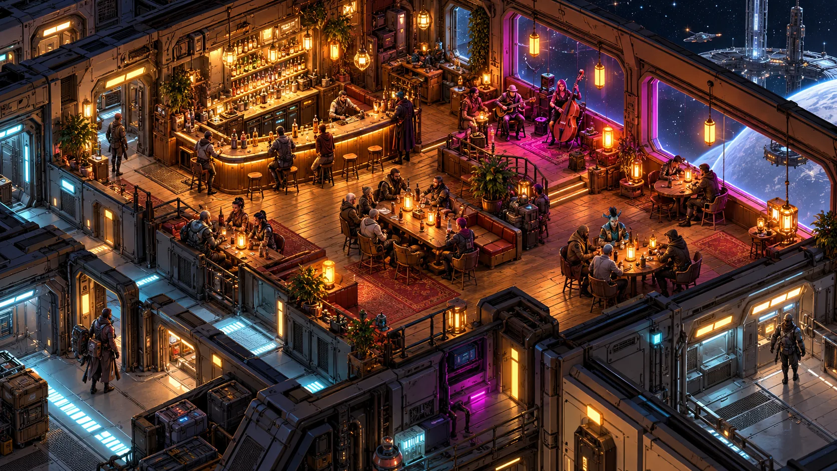 Isometric tavern with travelers socializing in warm neon light